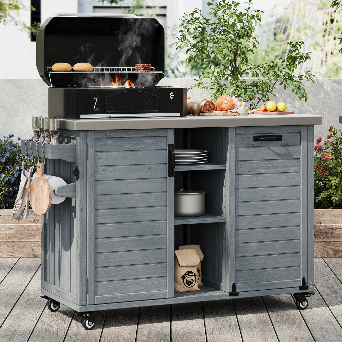 K&K 78.3  Outdoor Kitchen Island With Foldable Grill Table, Wooden Outdoor Grill Cart With Trash Can Storage & Stainless Steel Top, Outdoor Bar Cart, Pizza Oven Table For Lawn & Garden, Grey Blue
