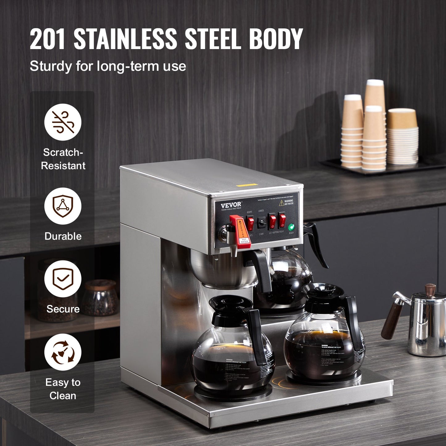 12 Cups Commercial Drip Coffee Maker With 3 Glass Carafes And 3 Warmers Office