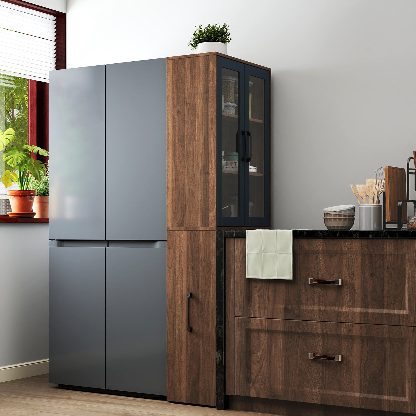 70.87 H Display Storage  Cabinet , 4 Tier Multi-functional Pull-out Multi-tier Storage Shelf & 2 Glass Doors, Modern Wooden  Kitchen Pantry Cabinet For Living Room Or Kitchen And Dinning Room