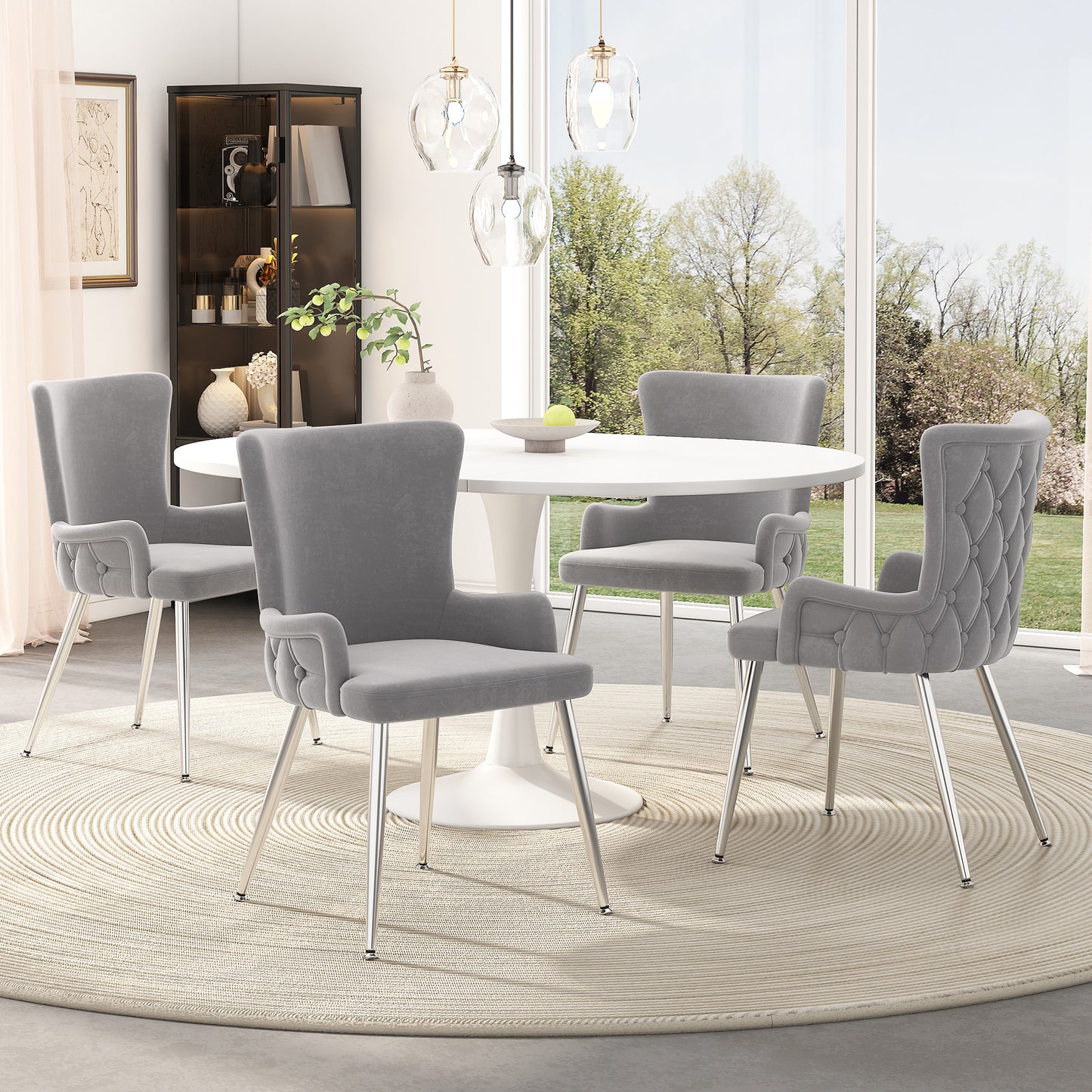 Velvet Dining Chair, Set Of 4, Luxurious Living Room Bedroom Lounge Chair With Four Silver-colored Metal Support Legs, Grey