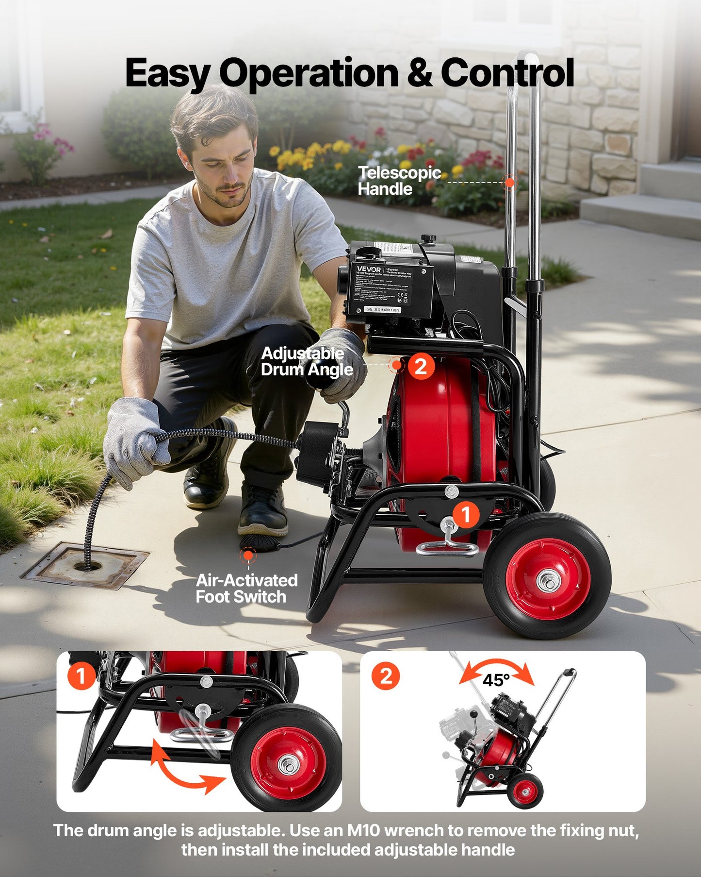 Drain Cleaner Machine 100 FT X 1/2 Inch, Auto Feed Sewer Snake Auger, Portable Drain Cleaning Machine With Climbing Wheels, Adjustable Drum, 8 Cutters & Foot Switch For 2" To 6" Pipes