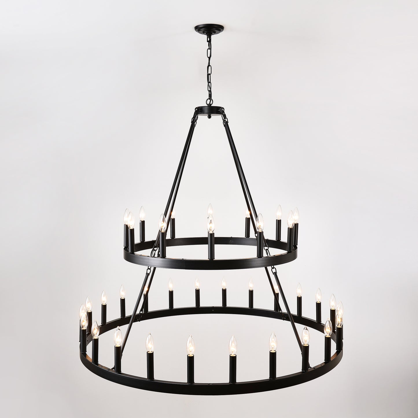 2 Tiers Wagon Wheel Chandelier Wooden Farmhouse 36-Light Black Metal Chandeliers 2-Story Light Fixtures Industrial For High Ceiling Living Dining Room Foyer. Adjustable Height