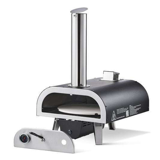 Dual Fuel Pizza Oven Outdoor, 12 In Wood Fire & Propane Gas Pizza Oven, Pellet & Propane Pizza-Maker With Thermometer, Iron Spray Electric Rotation Pizza-Cook For Outside Camping & Backyard