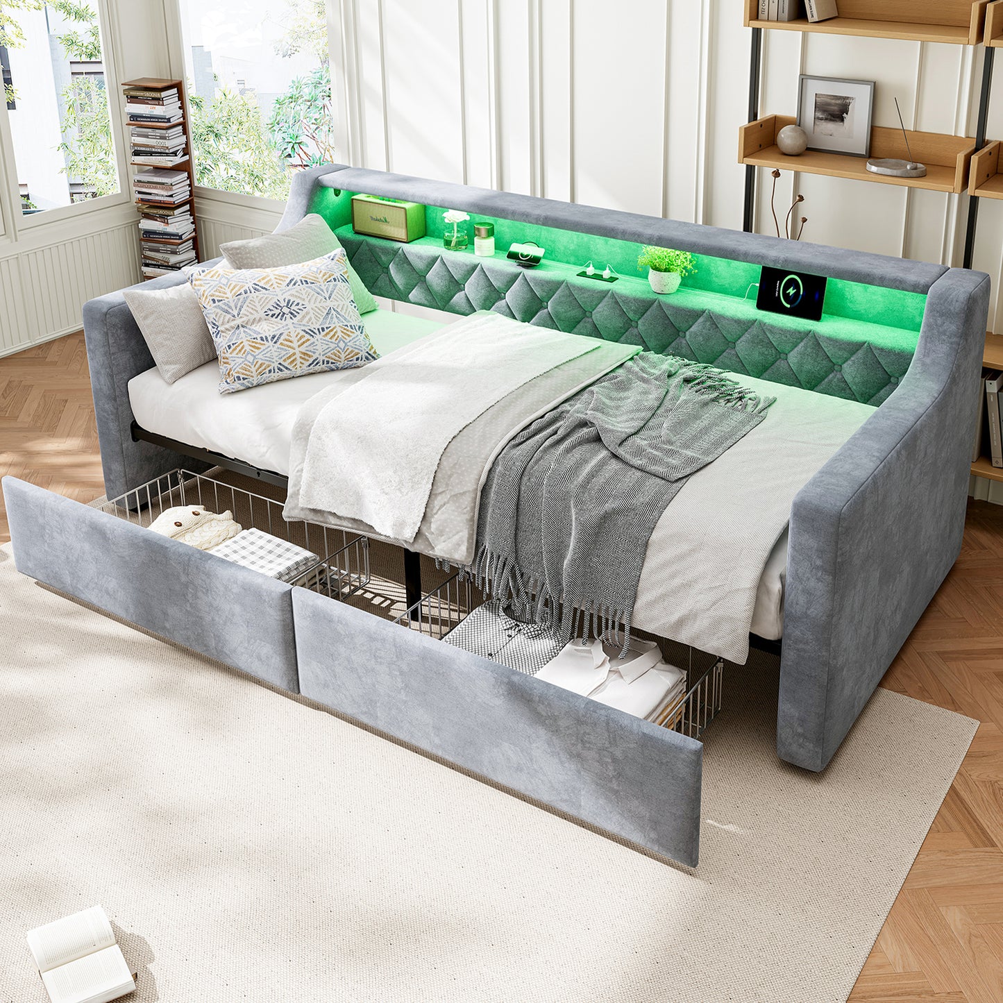 Upholstered Bed, 3FT Single Bed 90x190cm, Daybed Sofa Bed, With Light Strip, Charging Port, 1 Type A -1 Type C, 2 Drawers On Wheels, Youth Bed, For Adults & Teenagers, Easy Assembly, Velvet, Grey