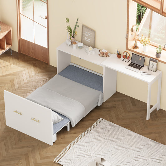 Twin Size Murphy Cabinet Bed With Adjustable Position Desk, Murphy Chest Dresser Bed With Foldable Cushion For Guest Room,Small Space, White