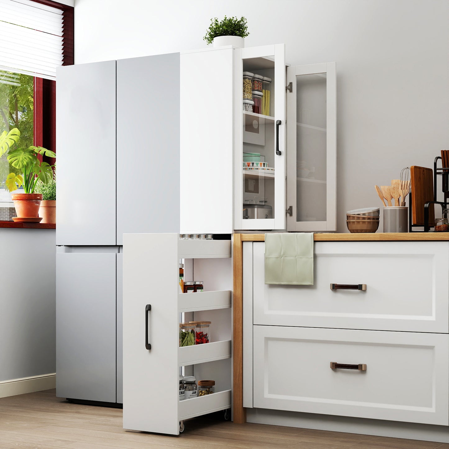 70.87 H Display Storage  Cabinet , 4 Tier Multi-functional Pull-out Multi-tier Storage Shelf & 2 Glass Doors, Modern Wooden  Kitchen Pantry Cabinet For Living Room Or Kitchen And Dinning Room