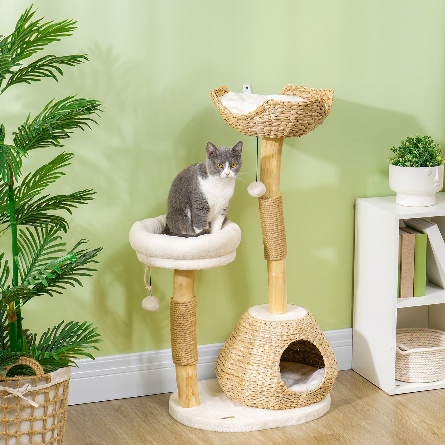 41" Cat Tree For Indoor Cats With Wooden Cat Scratching Posts, Cat Condo, Cat Beds & Toy Balls, Cream White