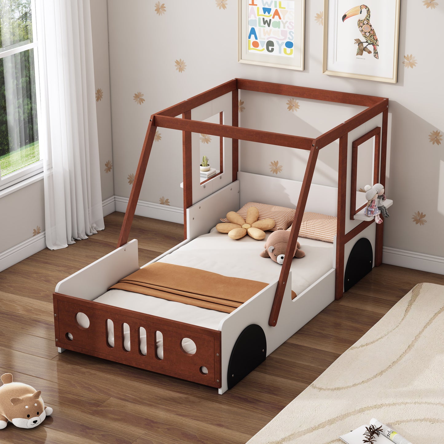 Play Design Twin Size Car Bed, Kids Platform Bed In Car-Shaped For Kids Boys Girls Teens,White  Orange