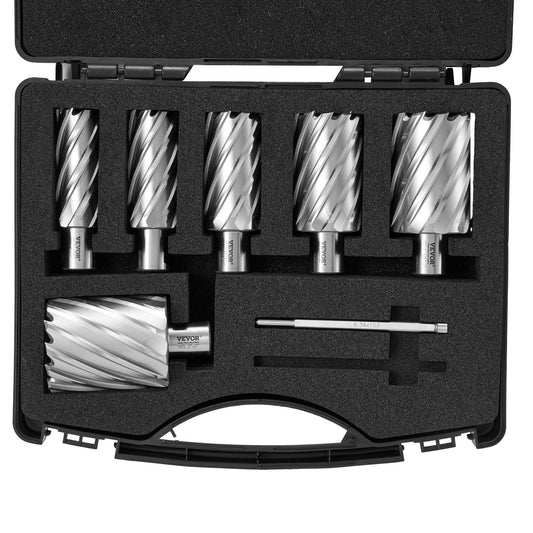 Annular Cutter Set, 6 Pcs Weldon Shank Mag Drill Bits, 1' To 2' Cutting Diameter, 2' Cutting Depth, M2AL High-Speed Steel, With 2 Pilot Pins And Portable Case, For Using With Magnetic Drills