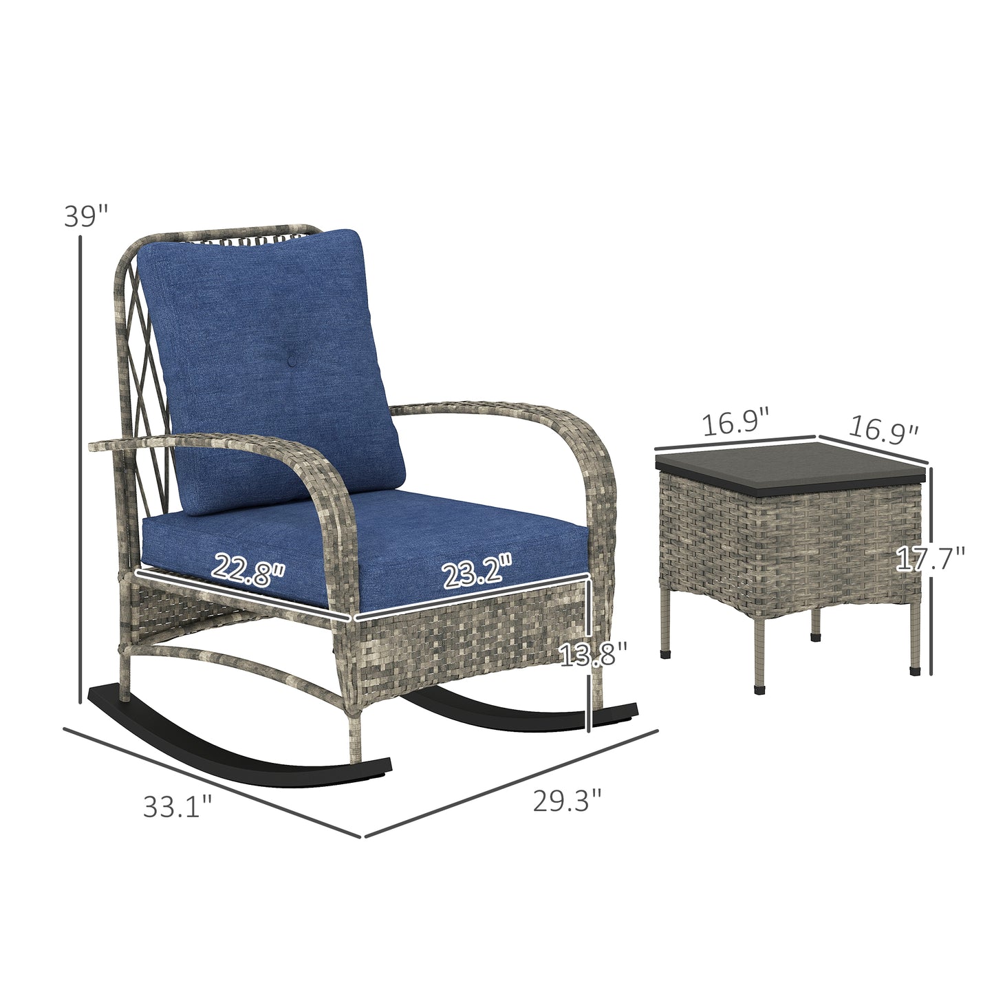 3 Piece Wicker Patio Furniture Set, Outdoor PE Rattan Rocking Chairs With Coffee Table, Cushions For Porch, Gray