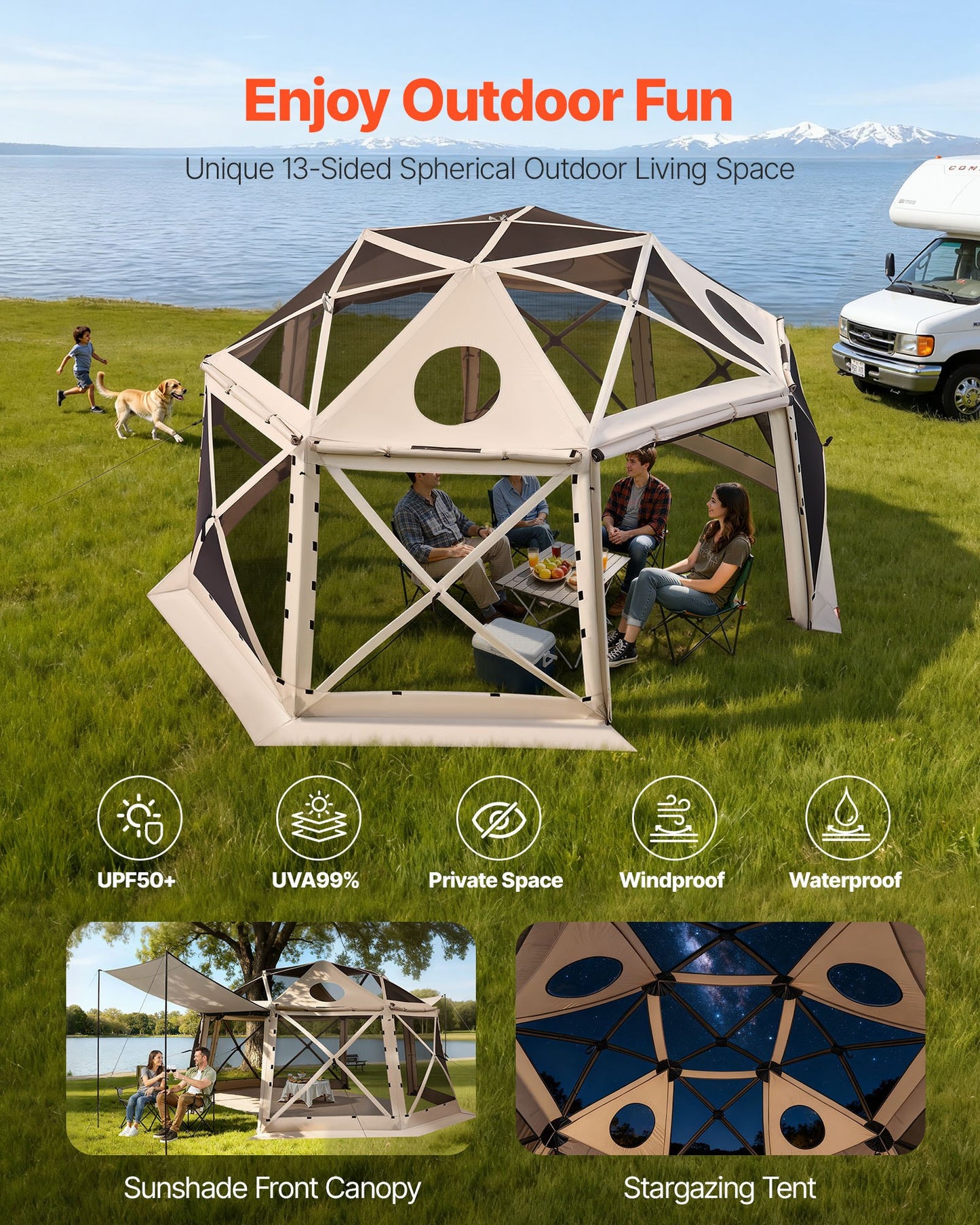 Pop Up Gazebo Screen Tent, 15 X 15 Ft, 13-Sided Spherical Camping Canopy Tent With Removable Top & Carry Bag, Quick-Set & Bite-Proof, Screen House Sun Shelter For 12-15 Persons, Beige