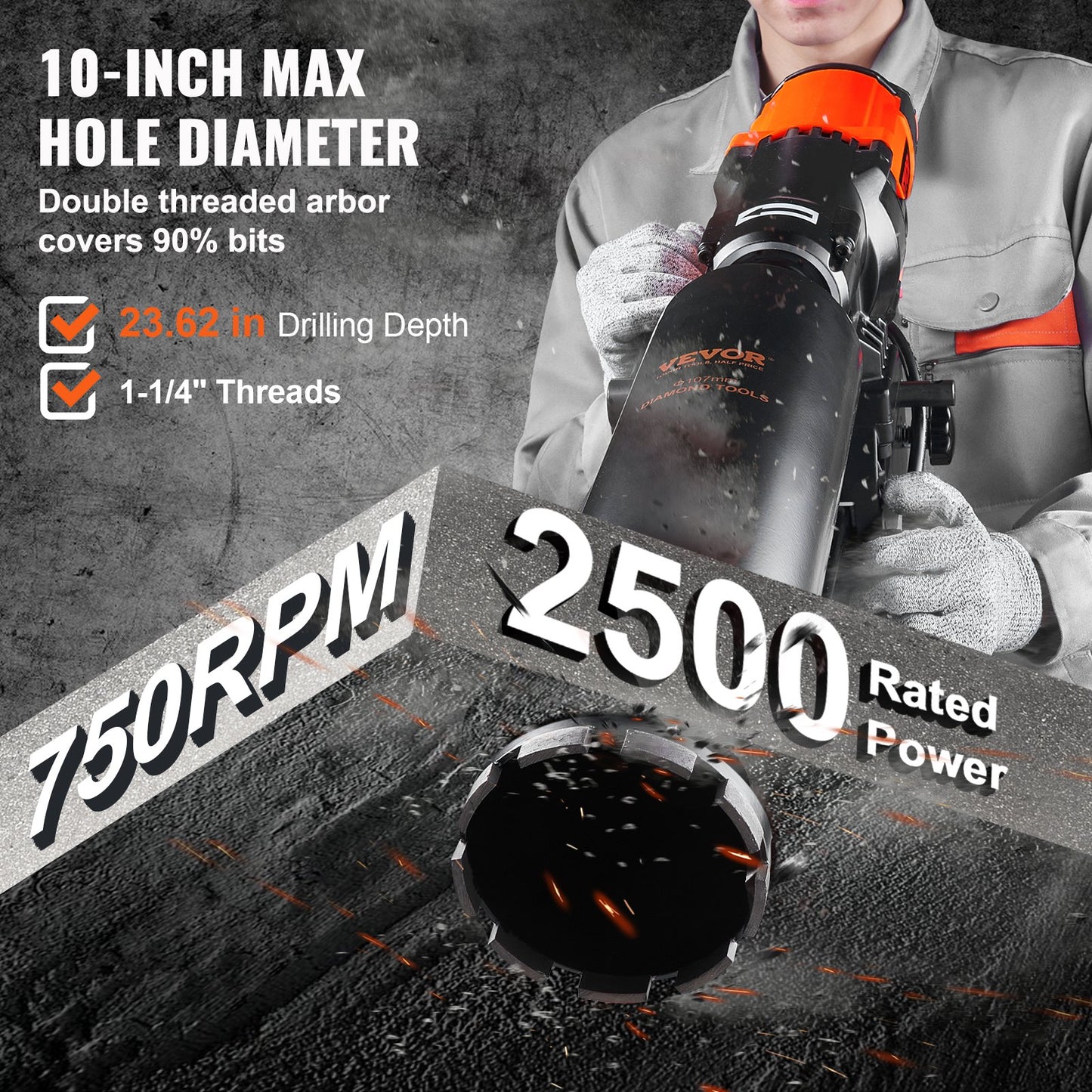 Diamond Core Drilling Machine, 10in Wet Concrete Core Drill Rig With Stand Wheels, 750RPM Speed & 1-1/4' Thread & Lifting Handle, 10in Drilling Diameter For Concrete Brick Block Stone, 2500W