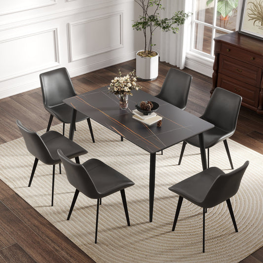 55.12  Modern Artificial Stone Black Straight Edge Black Metal Leg Dining Table-Can Accommodate 6 People Dining Table Only