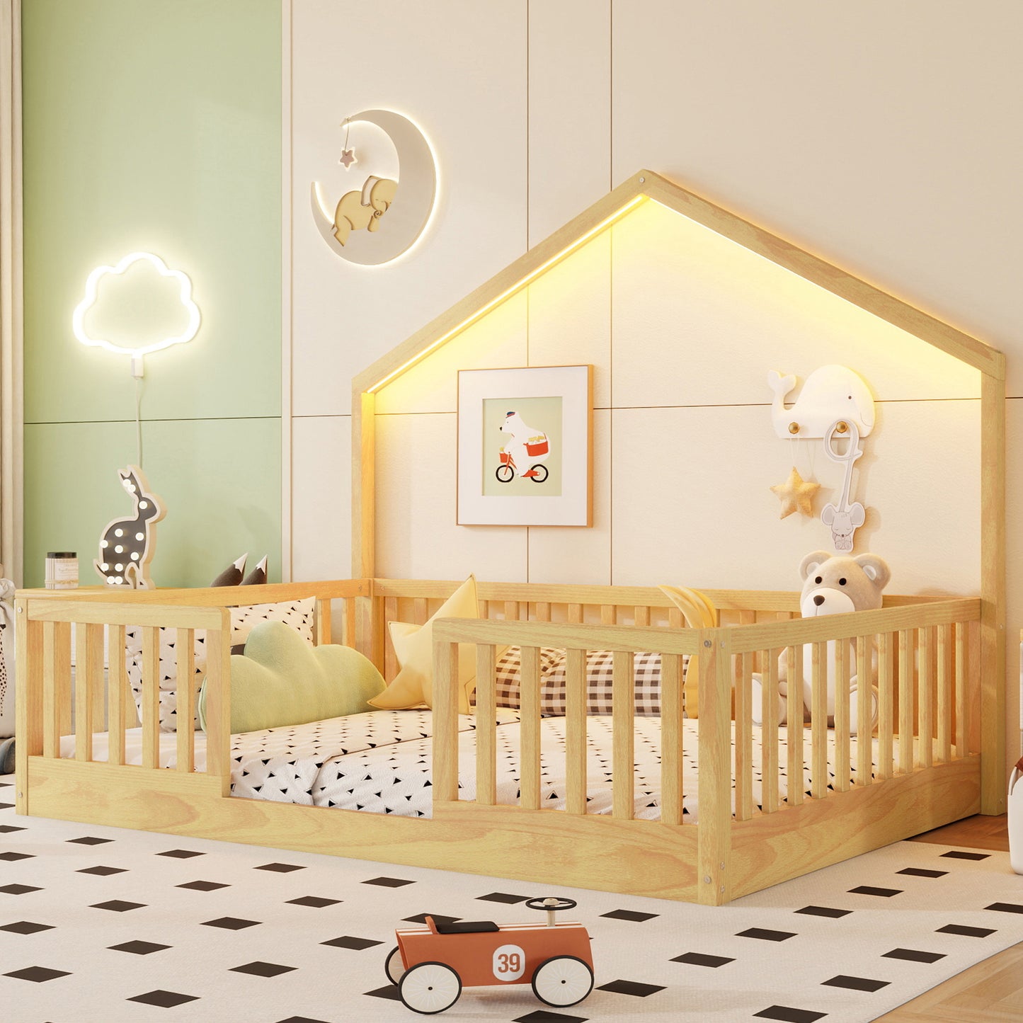 Full Floor Bed With High Rails, Wooden Montessori Bed With Light For Kids, Boys And Girls,NaturalExpect Arrival Date 2026 3 16