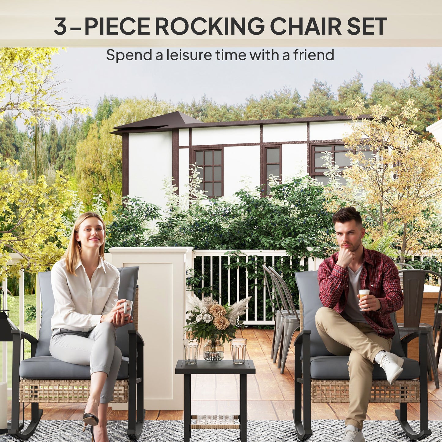 3 Pieces Bistro Set, Patio Wicker Furniture Set with Button Tufted Cushions, Rattan Rocking Chairs, Coffee Table, Gray