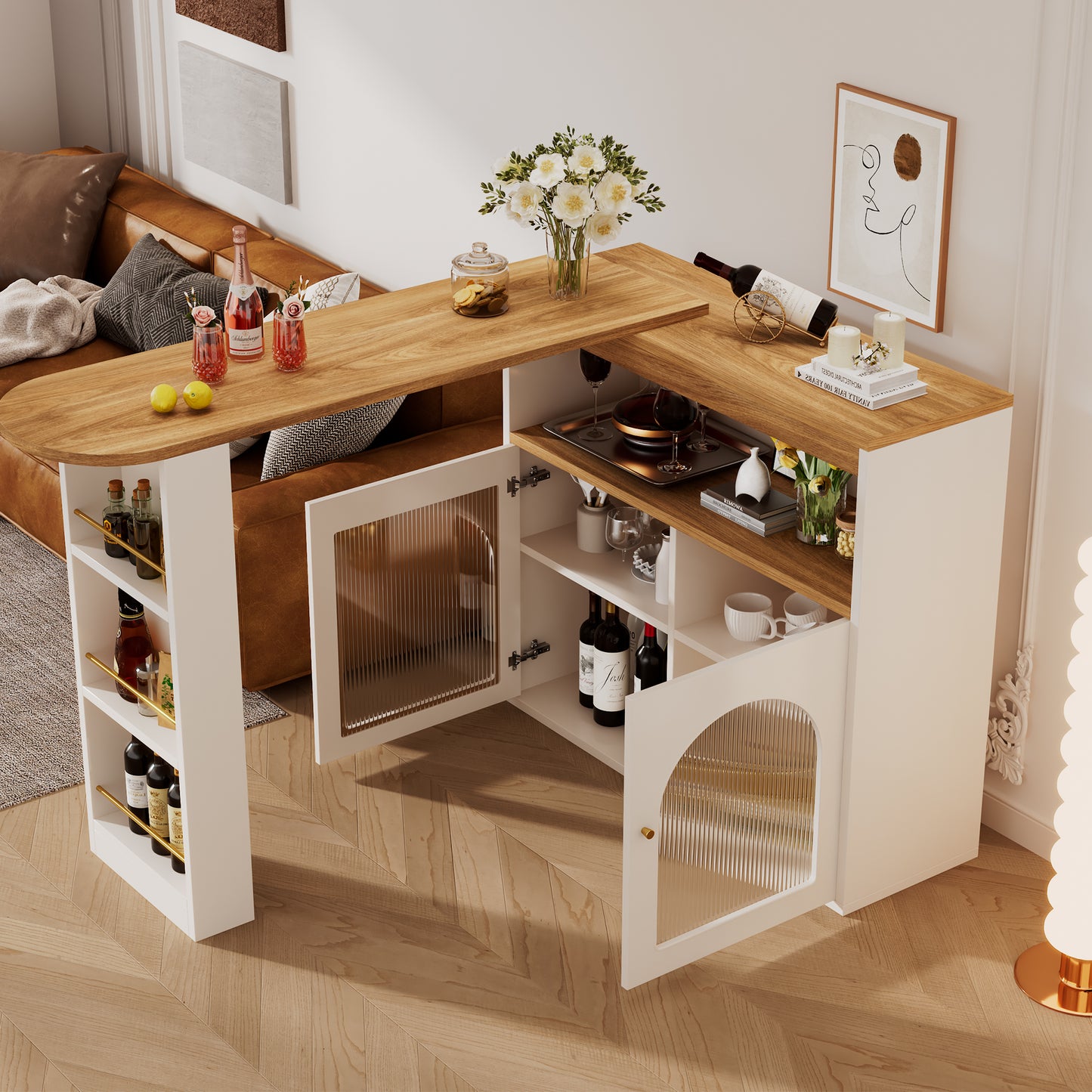 Modern Extendable Kitchen Island Table 138-193X39X105CM Extendable Dining Table With Storage, Bar Bistro Table, Swivel, For Dining Room, With 1m LED Strip Adjustable Light Colour, White