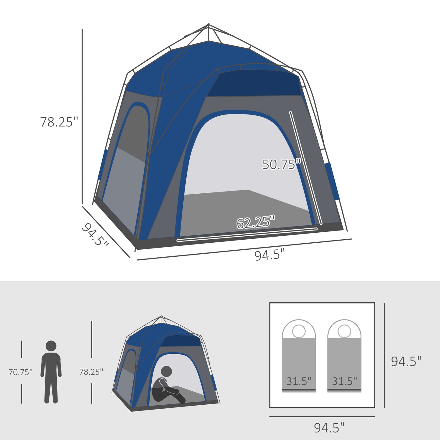 4 Person Pop Up Camping Tent Quick Setup Automatic Hydraulic Family Travel Tent w/ Windows Doors Carry Bag