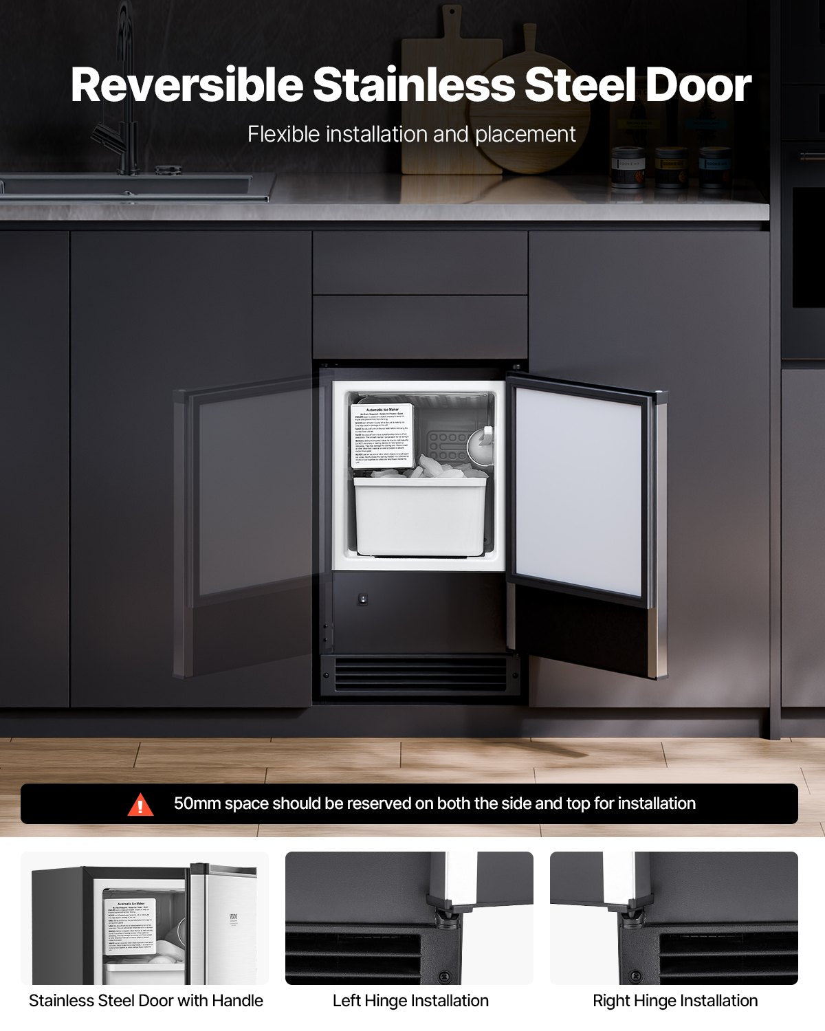 Undercounter Ice Maker 15 Lbs/Day Built-in Ice Maker Machine W/ Reversible Door