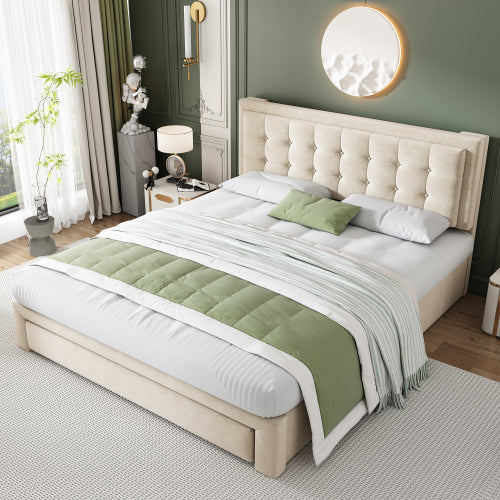 Upholstered Bed,Double Bed-4ft6135X190cm, Velvet Fabric, Double Bed, Large Storage Space,With Slats And Headboard,Without Mattress,Cream