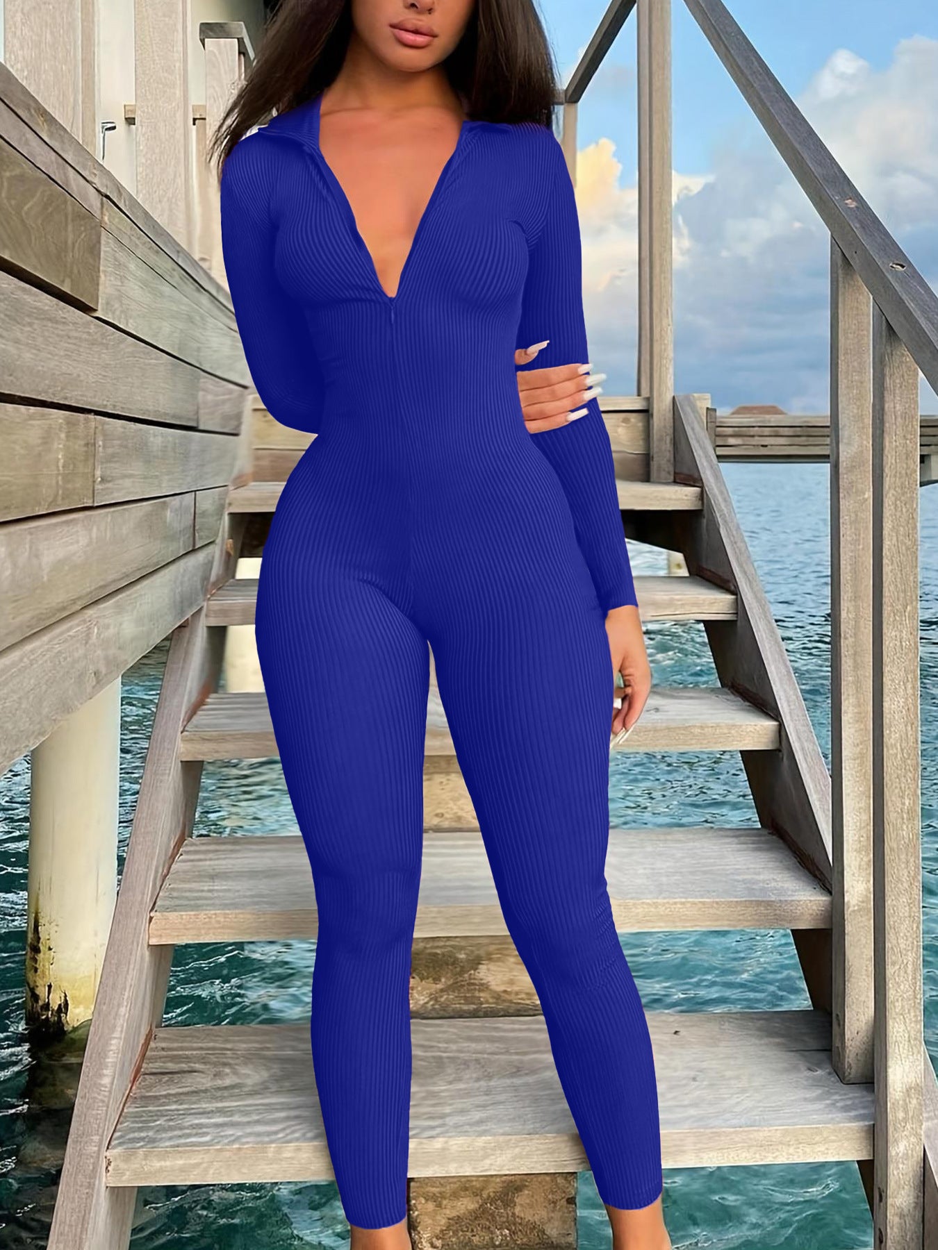 Casual Ribbed Zip-up Jumpsuit Long Sleeves