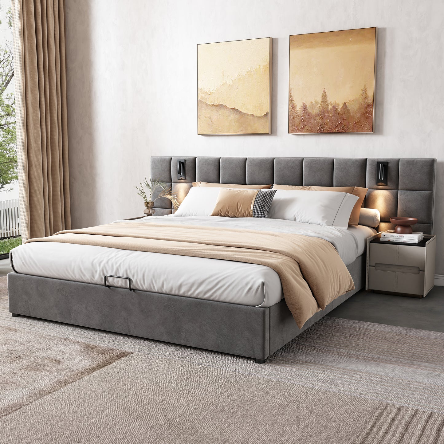 Upholstered Bed, Double Bed-4ft6  135x190cm, Hydraulic Storage Bed With Directional Lamp And USB Charging, Wide Headboard, Without Bedside Tables And Mattress, Velvet, Grey