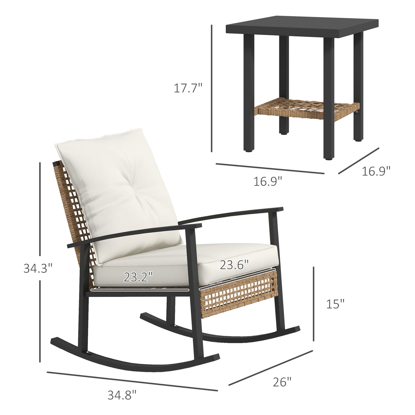 3 Pieces Bistro Set, Patio Wicker Furniture Set With Button Tufted Cushions, Rattan Rocking Chairs, Coffee Table, White