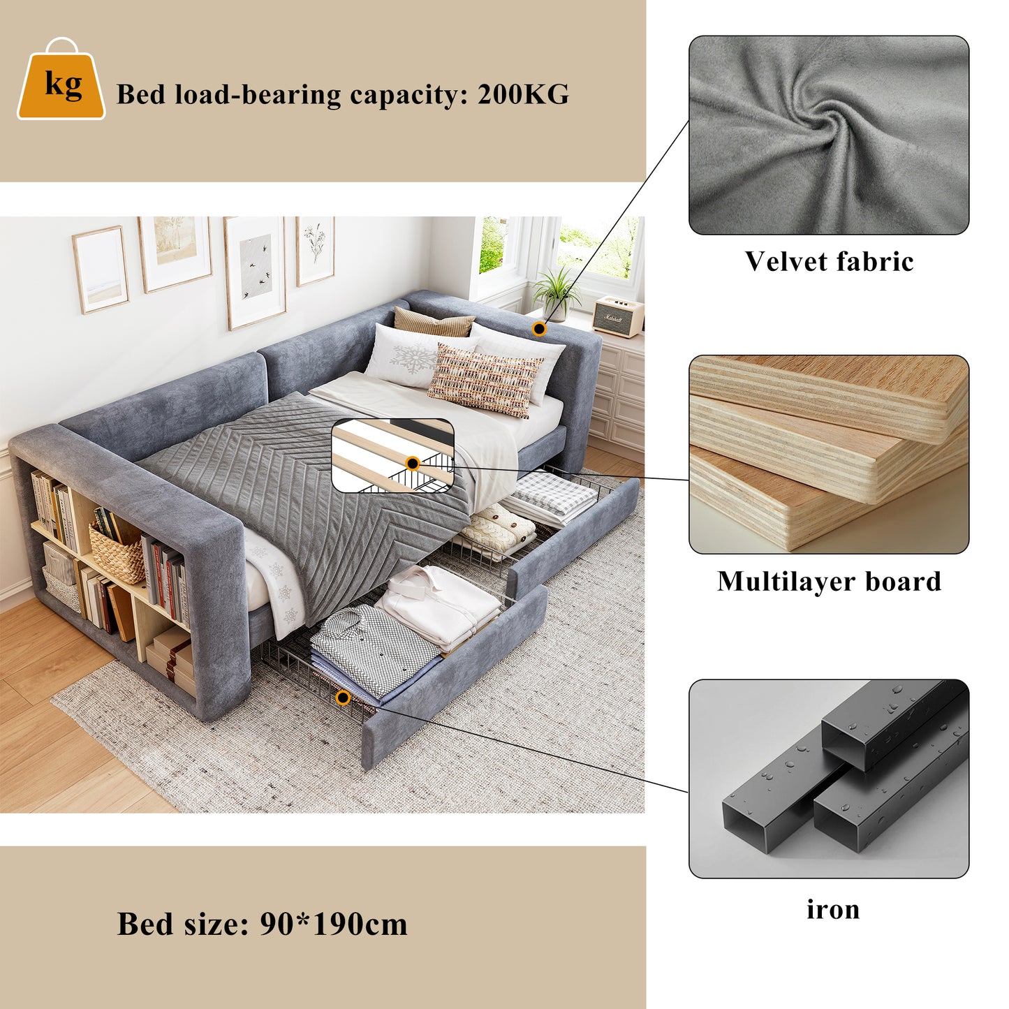 Upholstered Bed, 3FT Single Bed 90x190cm, Daybed Sofa Bed, Side Storage Compartment, 2 Drawers On Wheels, Youth Bed, For Adults & Teenagers, Easy Assembly, Velvet, Grey
