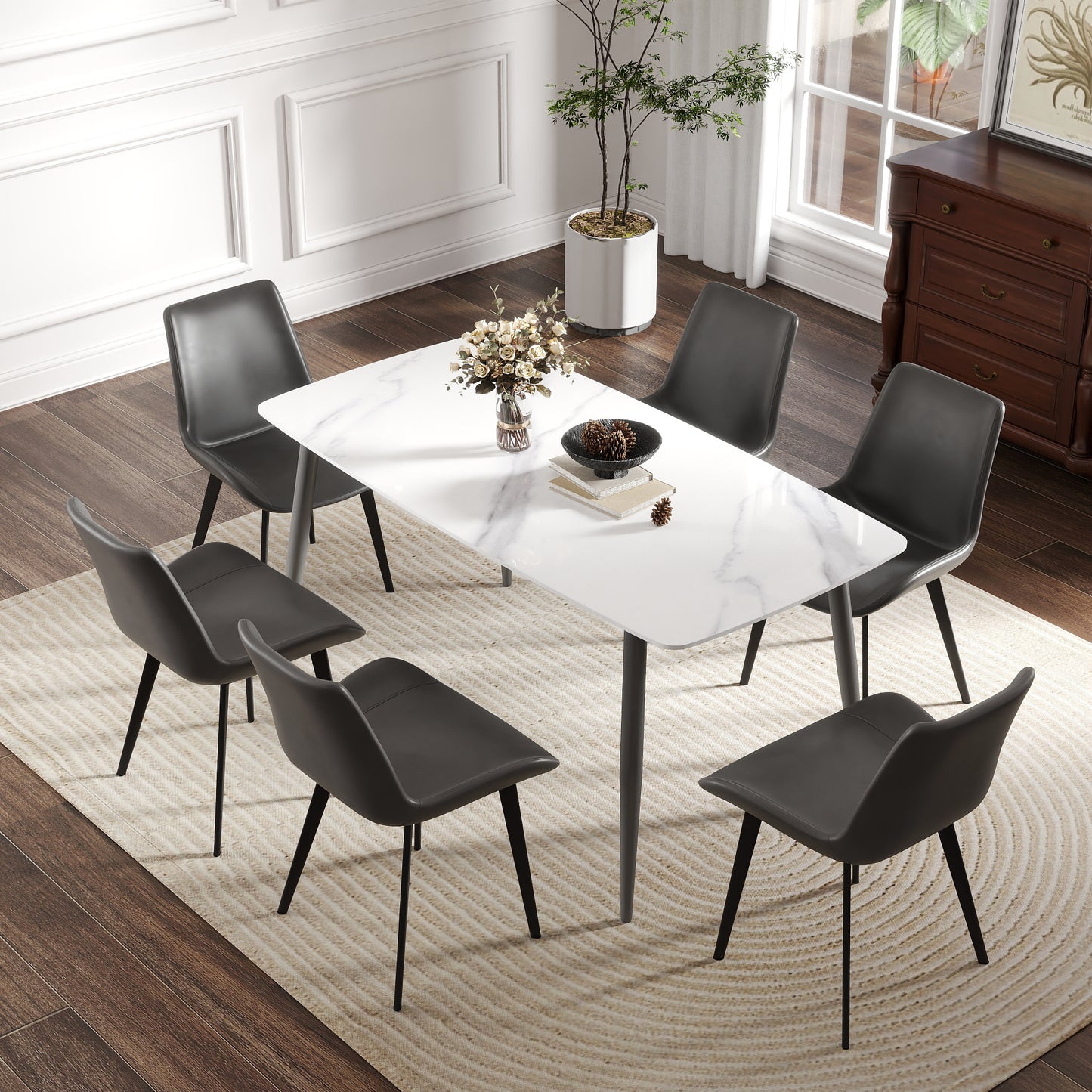 62.99  Modern Artificial Stone White Curved Edge Dark Grey Metal Leg Dining Table-Can Accommodate 6 People Dining Table Only