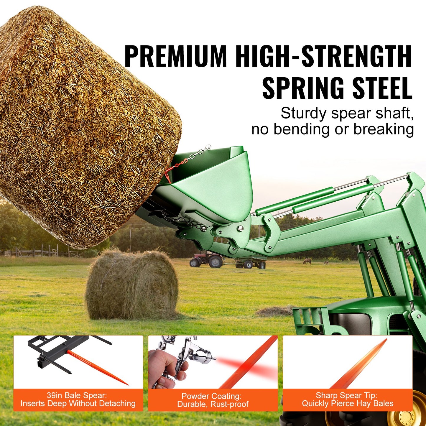 39' Hay Spear, Bale Spears 1600lbs Loading Capacity, Skid Steer Loader Tractor Bucket Attachment With 2pcs 17.5' Stabilizer Spears And 60' Chain, Quick Attach Spike Forks