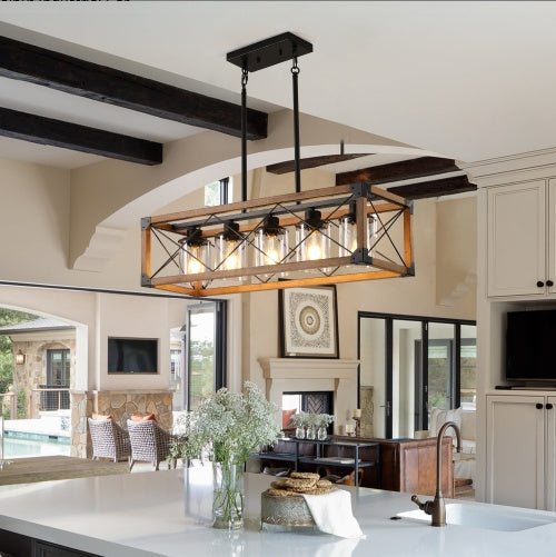 32 Inch Walnut Industrial Farmhouse Rectangle Pendant Light, 5-Light Chandelier With Lampshades For Dining Room, Kitchen Island, Cafe Decor No Bulbs