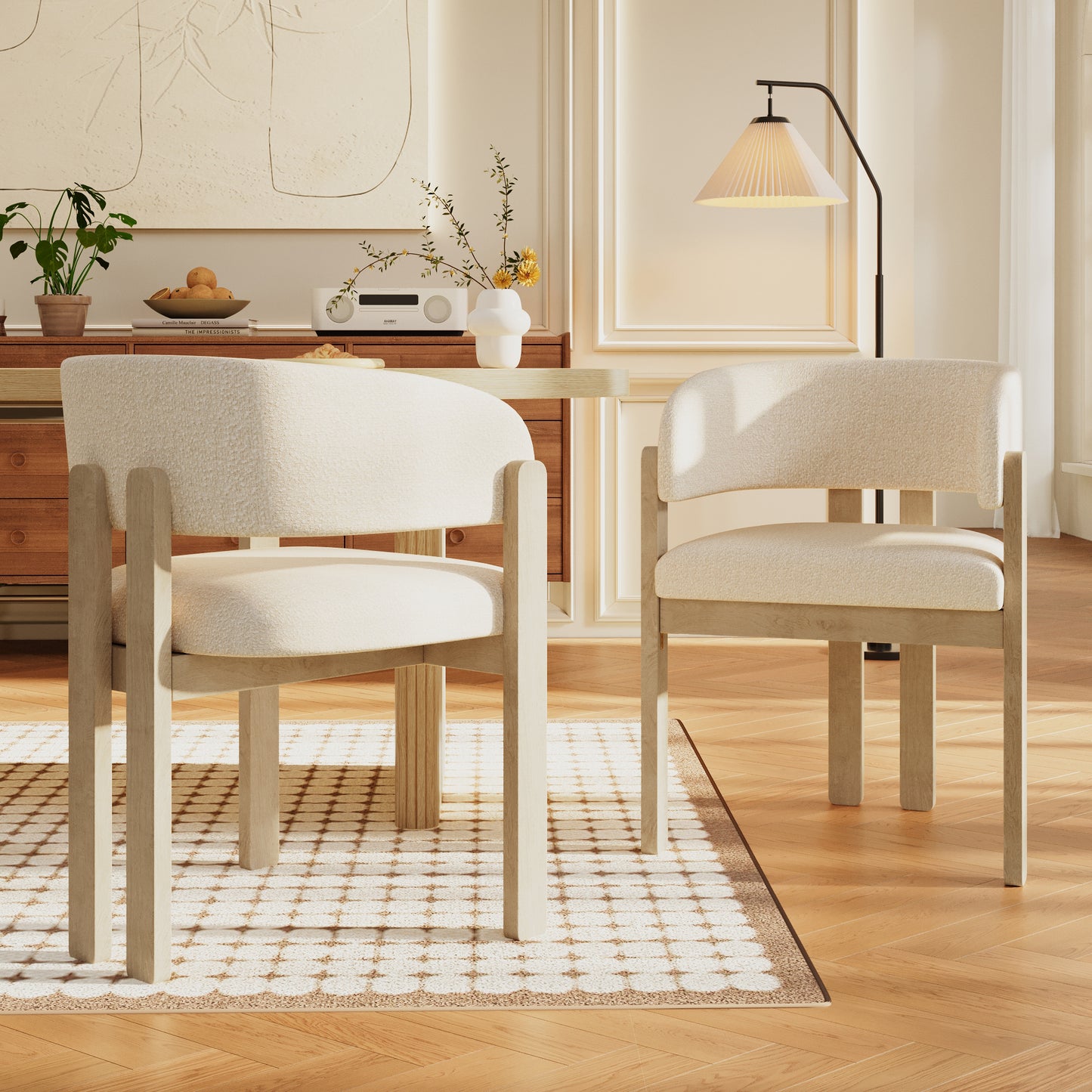 Set Of 6, Solid Wood Chairs, Dining Chairs, Suitable For Homes, Restaurants, Living Rooms, And Cafes, Boucle, Natural Color