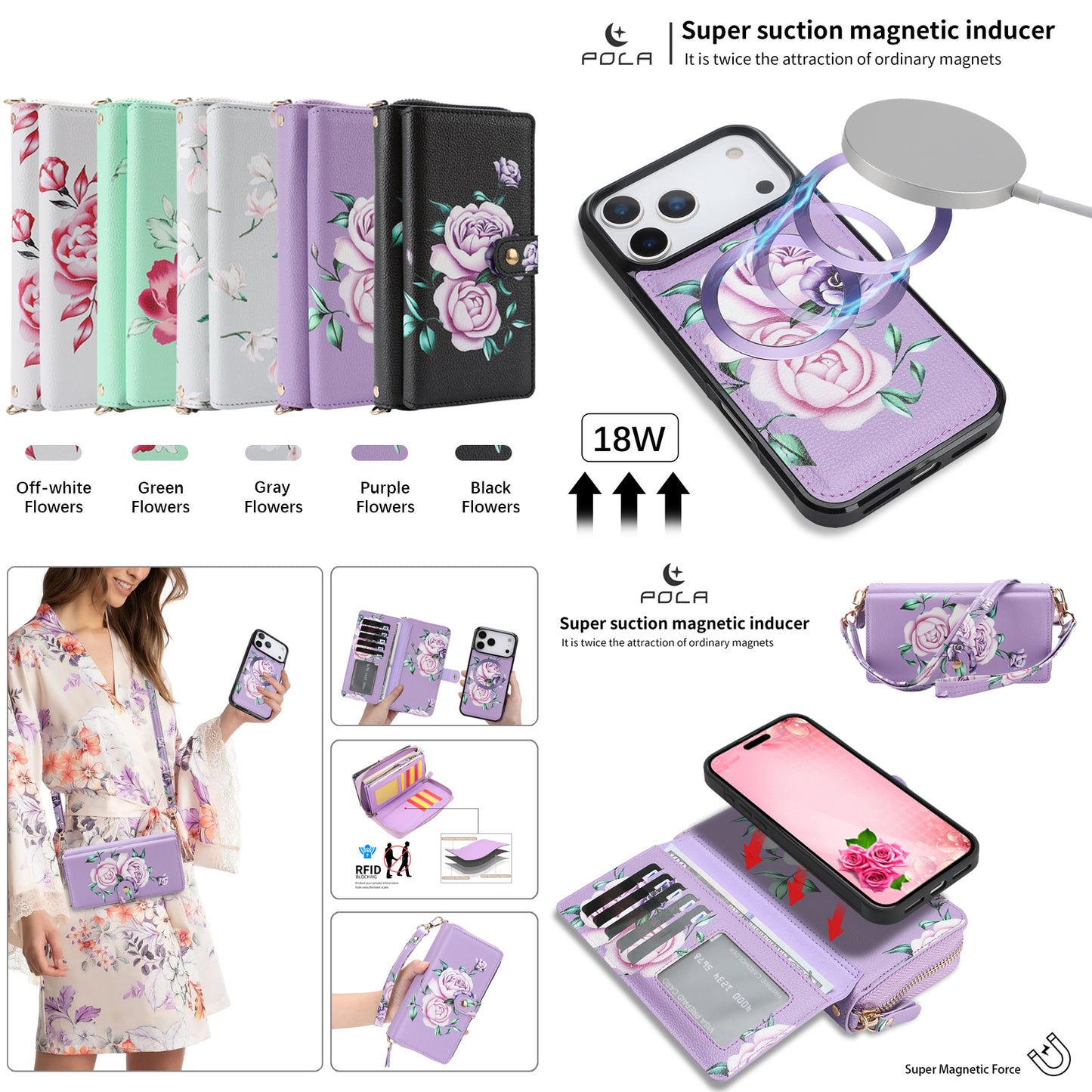 Crossbody Wallet Case For Phone 17 Pro Max 6.9 Inch Magnetic Detachable Floral PU Leather Phone Case With RFID Blocking Card Holder Wristlet Mirror Flip Zipper Shoulder Purse For Women