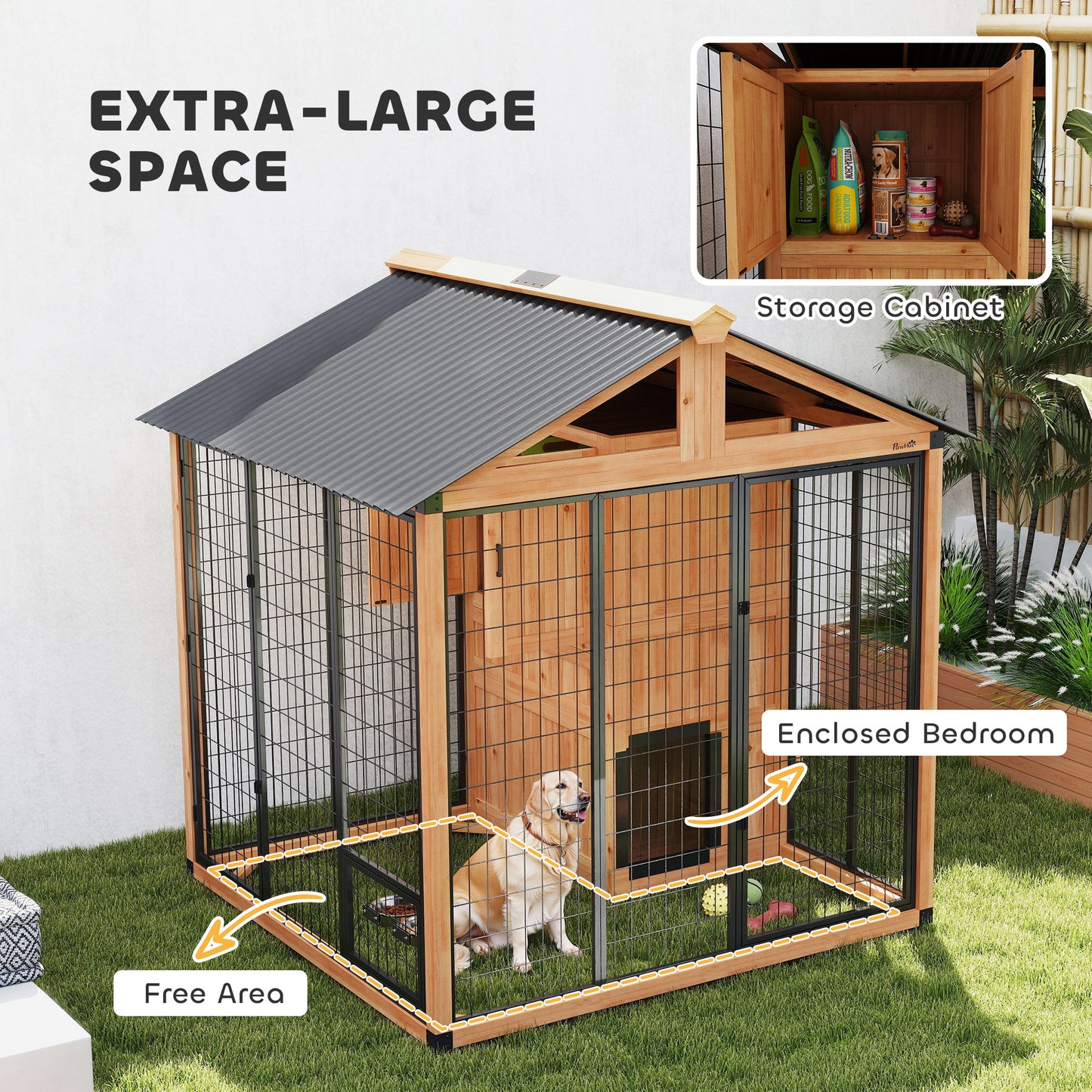 7' x 6' Extra Large Dog House, Wood Outdoor Dog Kennel with Storage Cabinet, Stainless Steel Bowls, Light Yellow