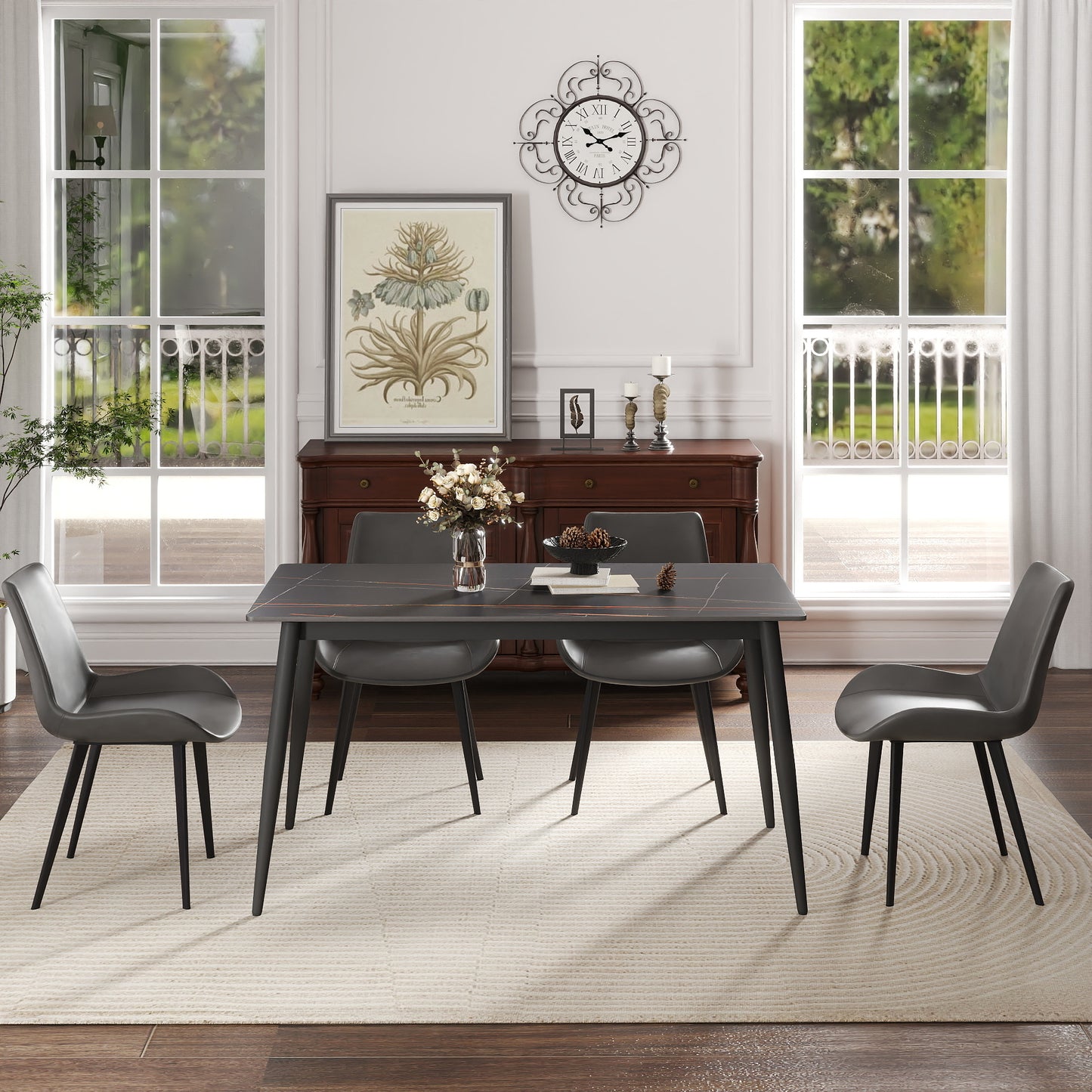 55.12  Modern Artificial Stone Black Straight Edge Black Metal Leg Dining Table-Can Accommodate 6 People Dining Table Only