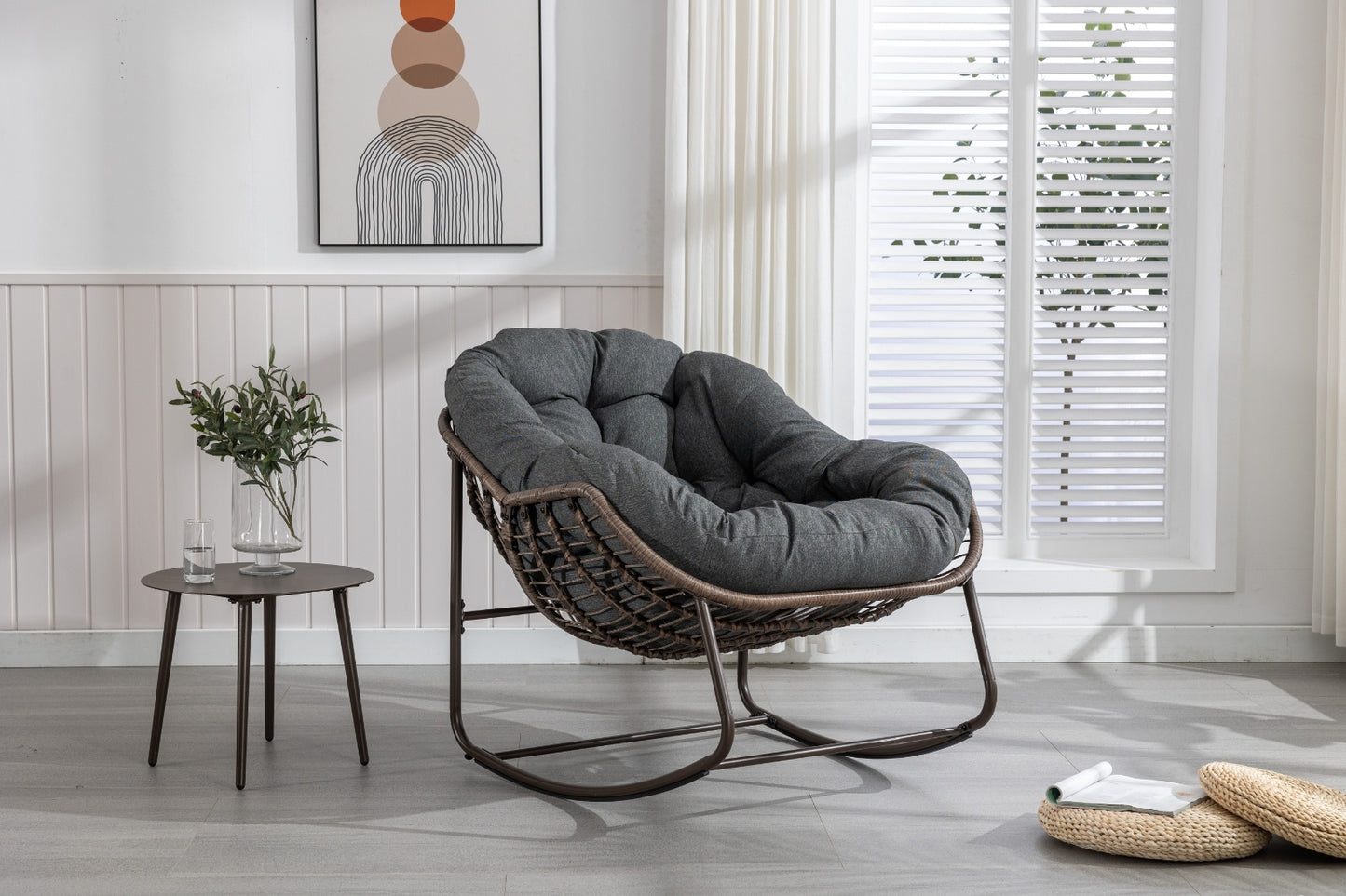 Outdoor Rattan Rocking Chair With Padded Cushion For Porch And Living Room