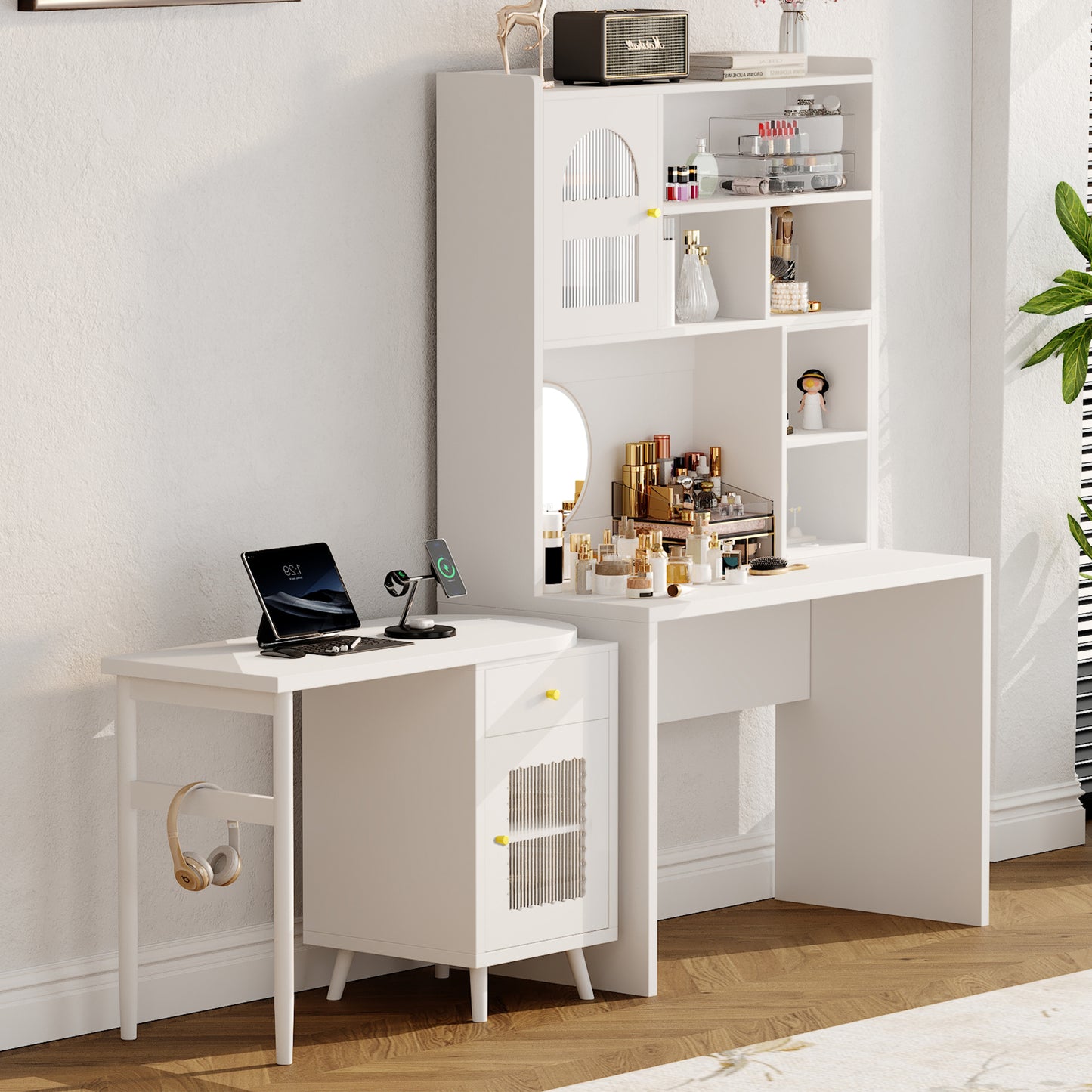 Computer Desk With 90 Degree Rotating Desktop, 43x70 Inch Office Desk With Storage Drawer And Cabinets, Gaming Desk With Shelves, Writing Desk For Study, Work Desk For Home