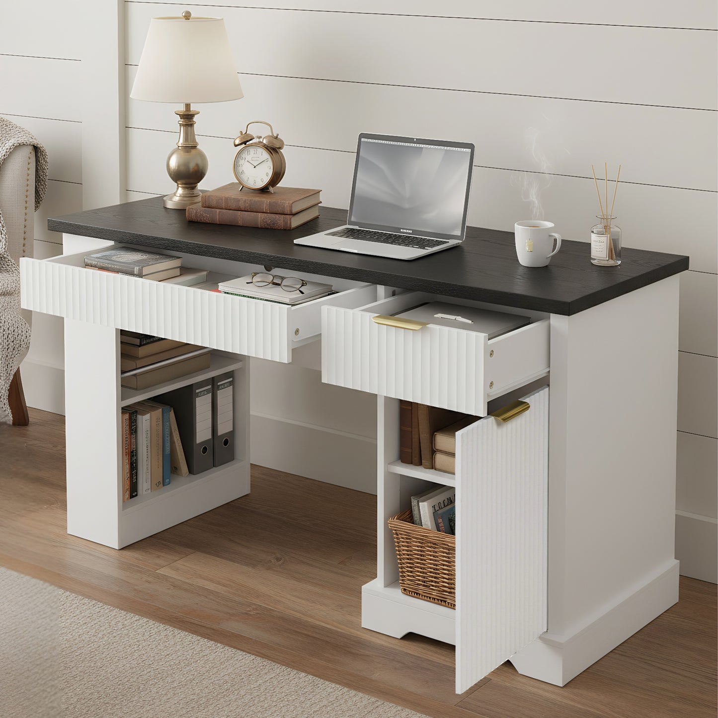 55 Modern Fluted Office Desk With Storage Cabinet  Drawers, Computer Writing Desk With Power Outlet, Pegboard, Built-in Shelves And Keyboard Tray For Study, Living Room, Home Office, White