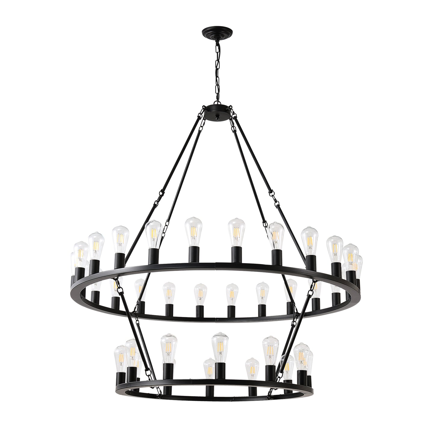 48 Inch Black Extra Large Wagon Wheel Chandelier, 2 Tier 36-Lights No Include Farmhouse Industrial Round High Ceiling Pendant Light Adjustable Chain, For Dining Room, Living Room,Kitchen