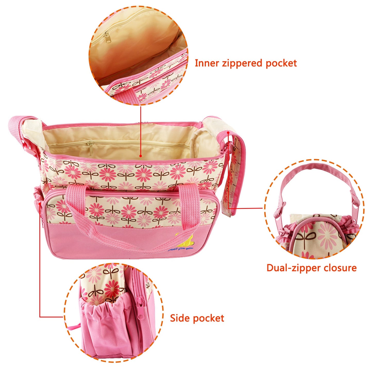 5PCS Per Set Baby Nappy Diaper Bags Set Mummy Diaper Shoulder Bags WithNappy Changing Pad Insulated Pockets Travel Tote Bags For Mom Dad