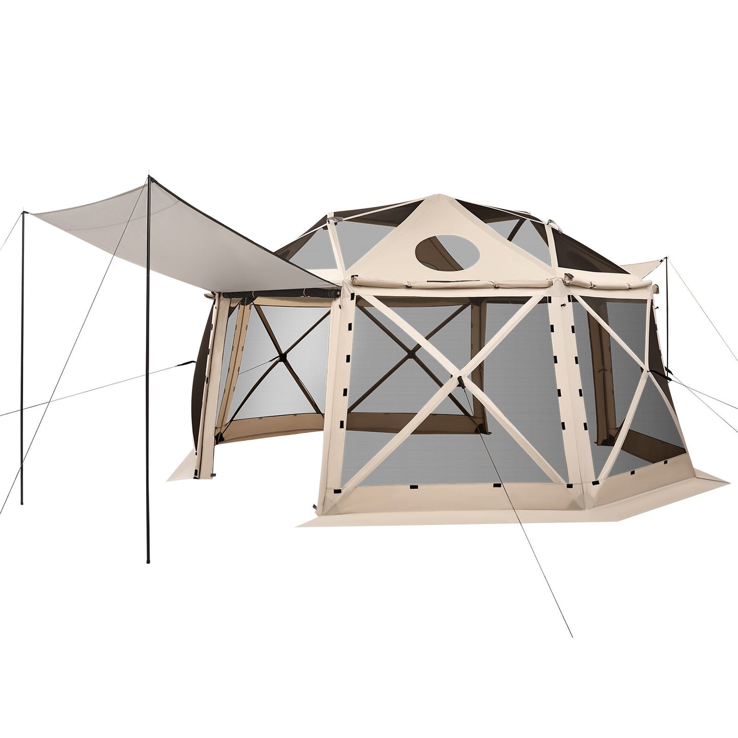 Pop Up Gazebo Screen Tent, 15 X 15 Ft, 13-Sided Spherical Camping Canopy Tent With Removable Top & Carry Bag, Quick-Set & Bite-Proof, Screen House Sun Shelter For 12-15 Persons, Beige