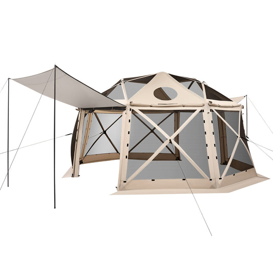 Pop Up Gazebo Screen Tent, 15 X 15 Ft, 13-Sided Spherical Camping Canopy Tent With Removable Top & Carry Bag, Quick-Set & Bite-Proof, Screen House Sun Shelter For 12-15 Persons, Beige