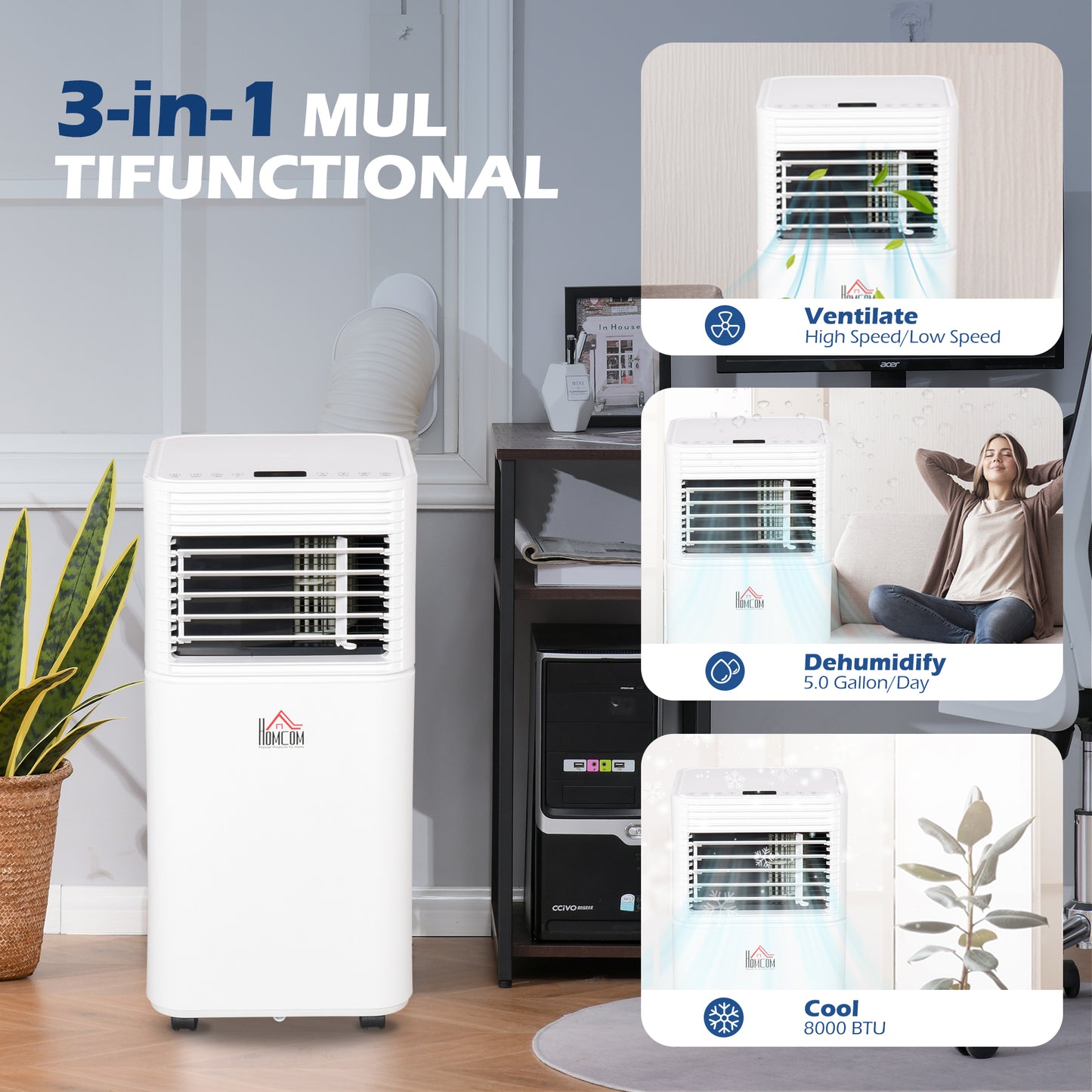 8000 BTU Mobile Air Conditioner for Cooling and Dehumidifying, Remote Control, 24H Timer, LED Display, White