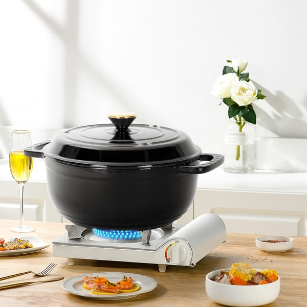 6QT Cast Iron Dutch Oven With Lid - Black Enamel Cooking Pot For Stovetop, Oven, Camping - Includes 2 Silicone Heat-Resistant Gloves