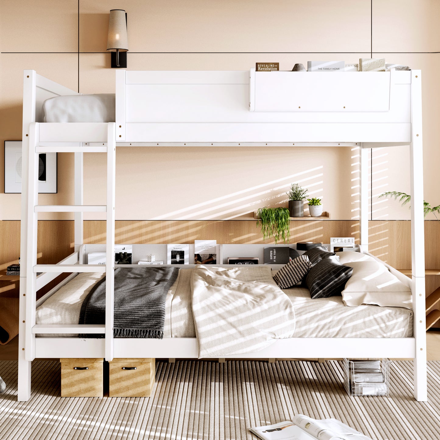 Queen Bunk Bed With  Storage Shelf And Bookshelf,Wood Bunk Bed With Ladder And Guardrails,Detachable Design,White