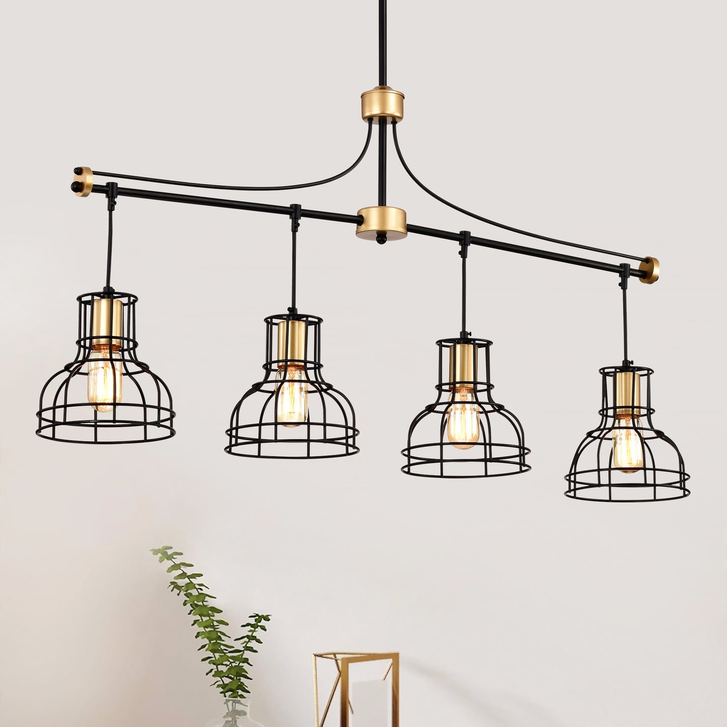 Dining Room Light Fixture Chandelier Over Table, 40-Inch Hanging For Farmhouse Linear Chandeliers,4-Light Kitchen Island Lighting,Matte Black And Matte Gold Ceiling Chandelier,with Metal Lampshade