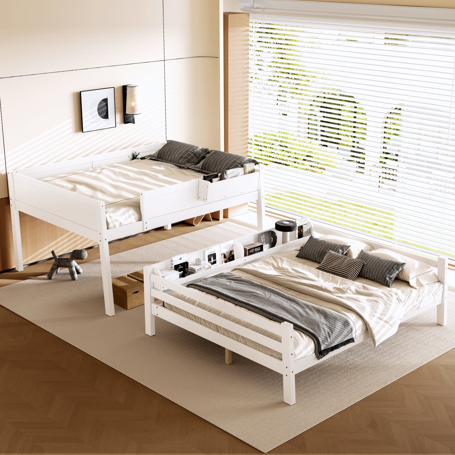 Queen Bunk Bed With  Storage Shelf And Bookshelf,Wood Bunk Bed With Ladder And Guardrails,Detachable Design,White