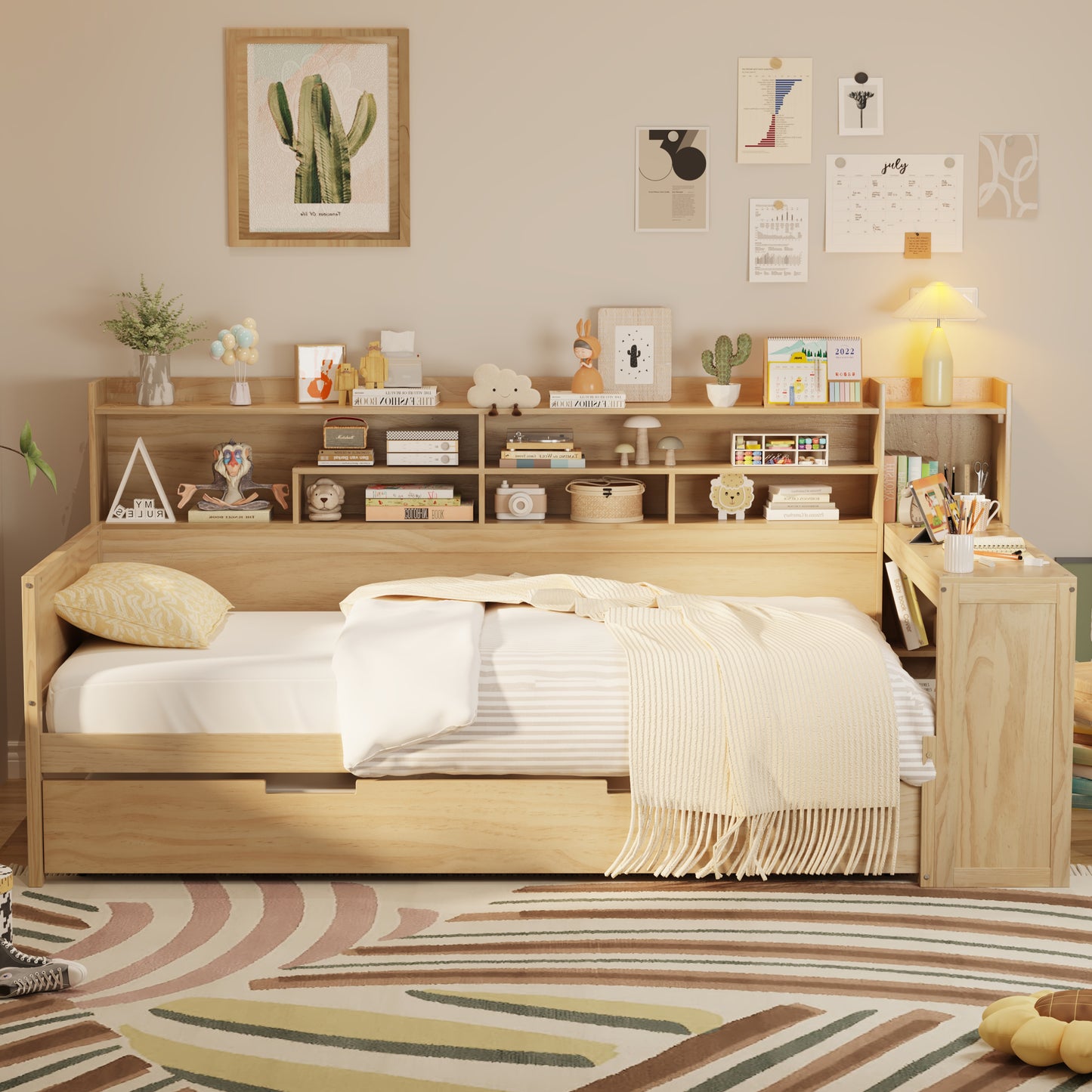 Wooden Twin Size Daybed With Storage Shelves, Multi-functional Bed With Twin Size Trundle Bed And  Study Desk, Natural