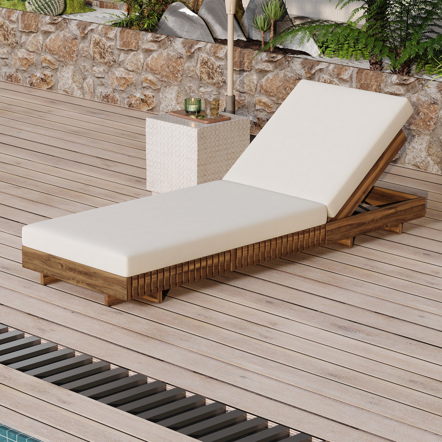 Outdoor Chaise Lounge Chair With 6-Position Adjustable Backrest,Acacia Solid Wood,TEAK COLOR  Only LOUGNE FRAME, Not Include Cushion