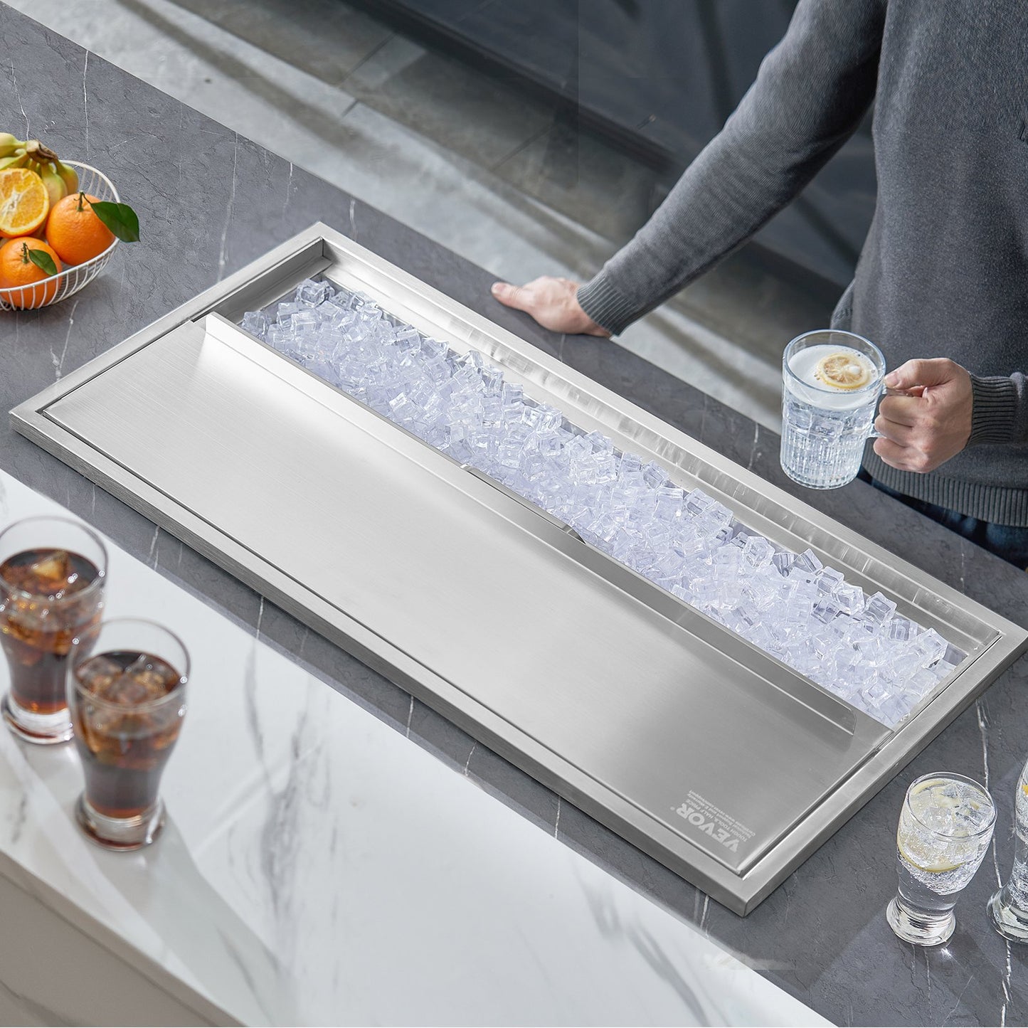 Drop In Ice Chest, 36'L X 18'W X 14'H Stainless Steel Ice Cooler, Commercial Ice Bin With Sliding Cover, 40.9 Qt Outdoor Kitchen Ice Bar, Drain-pipe And Drain Plug Included, For Cold Wine Beer