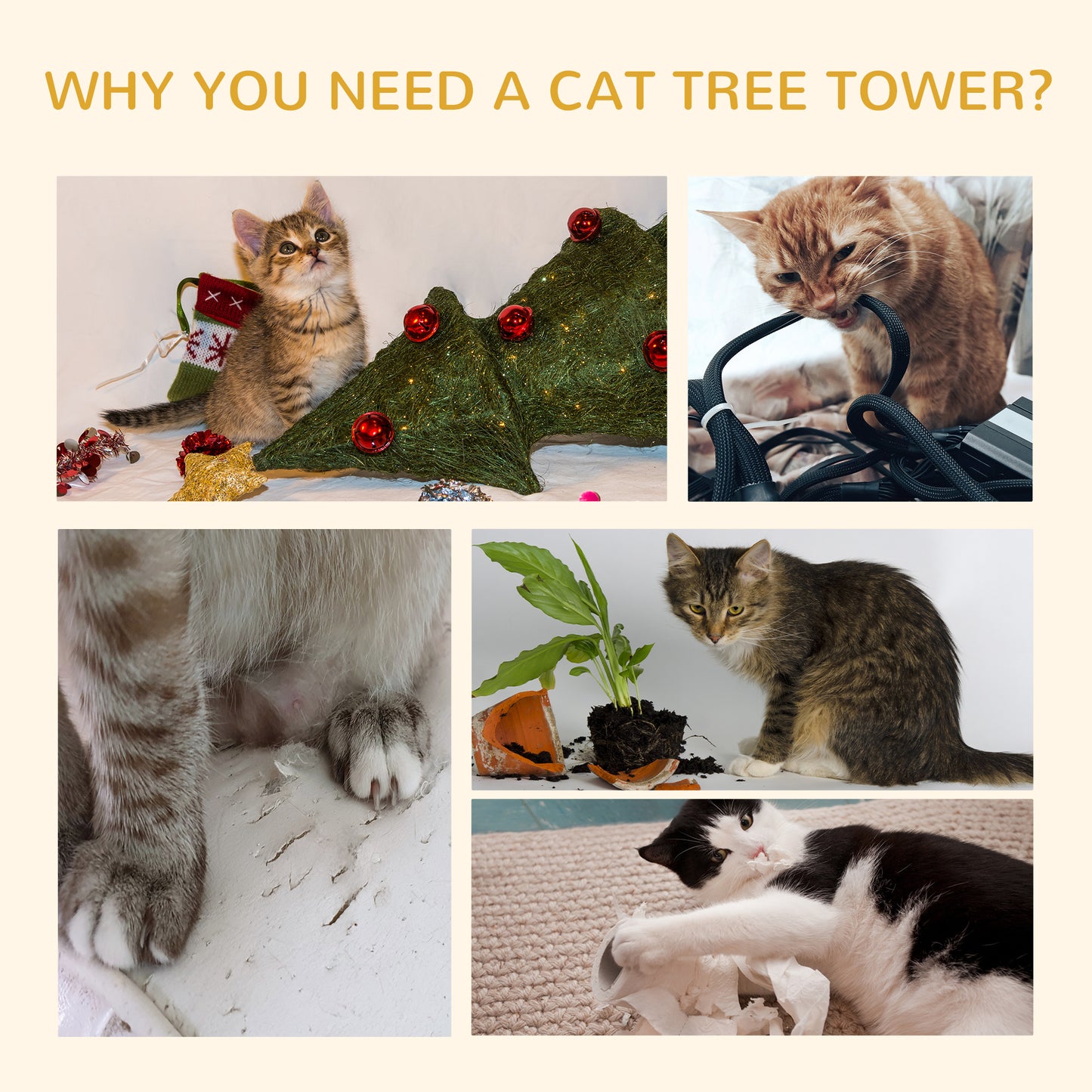 Floor Standing Cat Tree 94.5-10.25 Inch Height Adjustable Cat Climbing Tower, Apartment Hammock